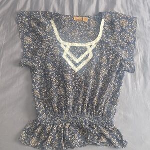 Wrangler Blue Floral Blouse with Cream Accents